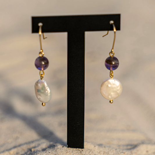 Oorbellen AMALIA | Amethist & White pearl